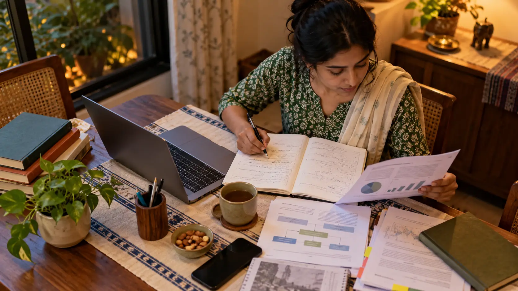 An Indian early-career professional reviewing clinical research notes and work information at a home desk, reflecting the CRC-to-manager career path