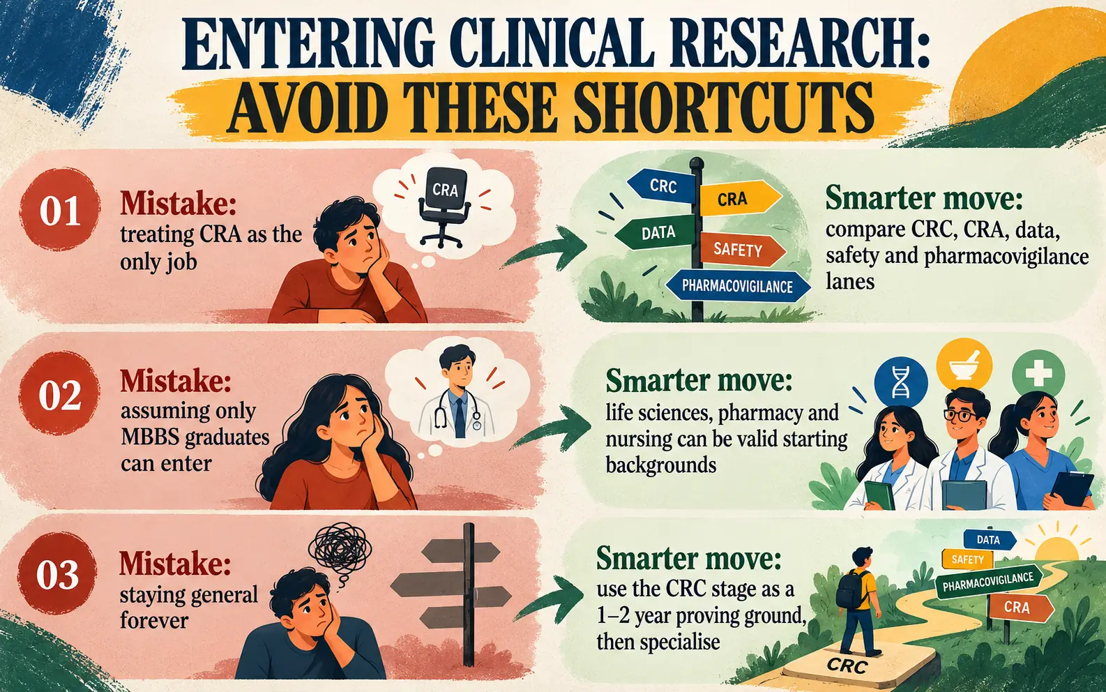 Mistakes-versus-smarter-moves panel explaining that clinical research includes several lanes, multiple degrees can enter, and the CRC stage should lead to specialization