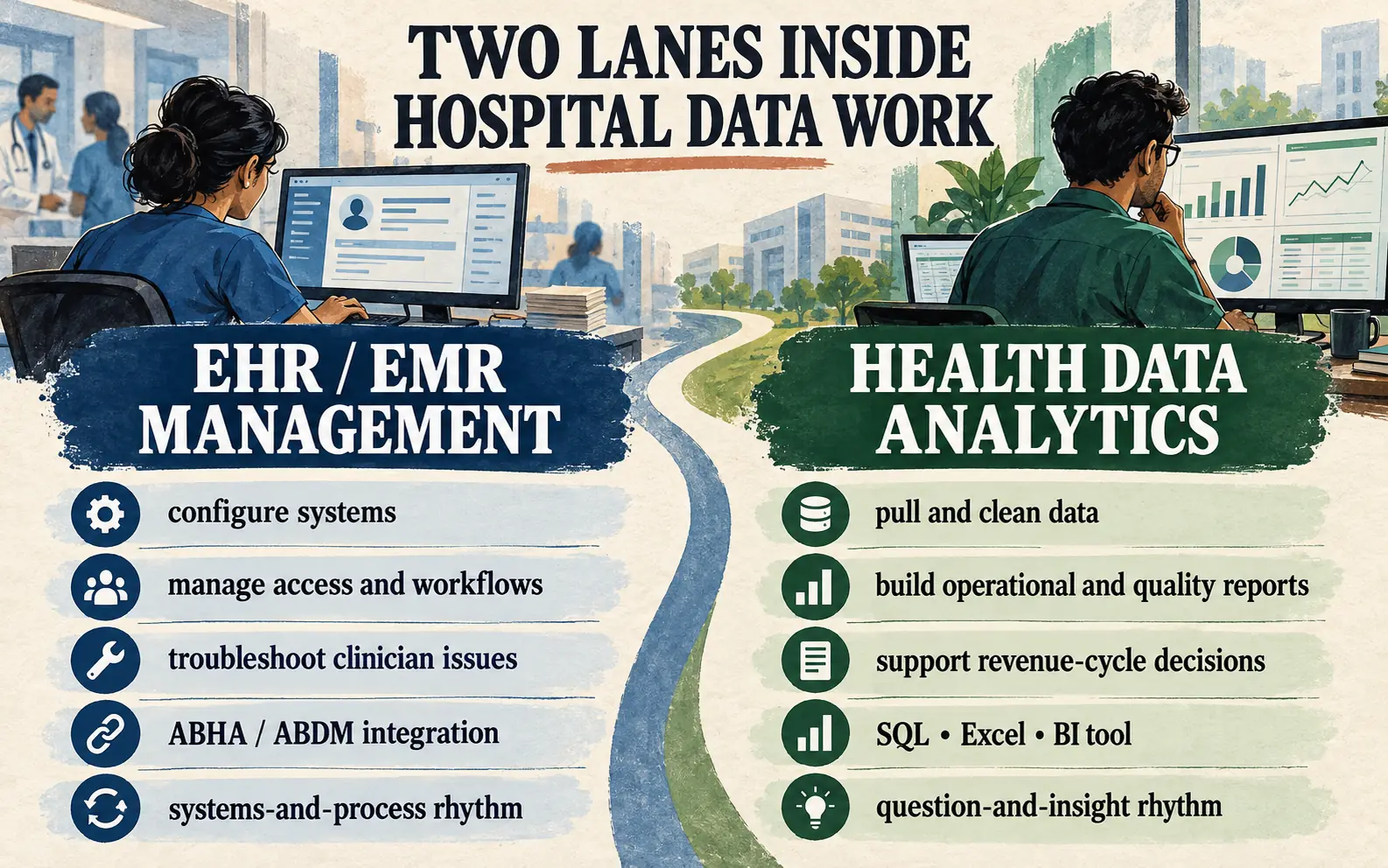 Asymmetrical comparison of EHR and EMR administration with health data analytics, showing their different daily tasks and skill patterns