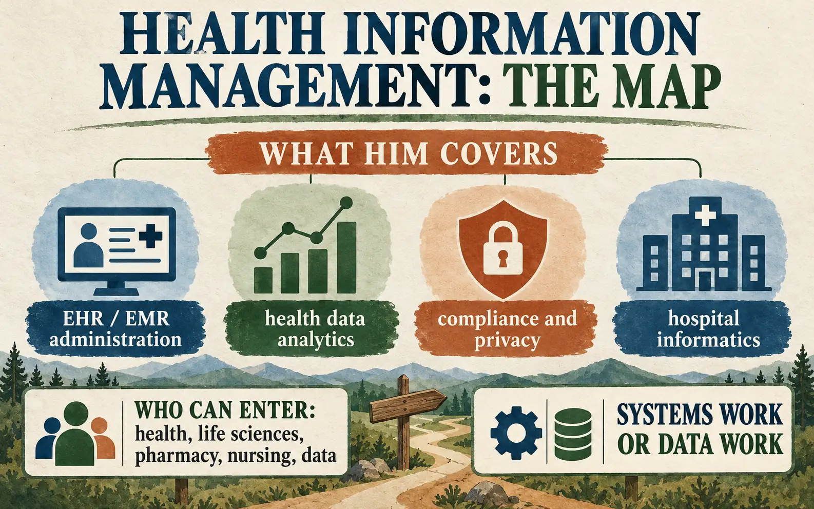 Summary card mapping EHR and EMR administration, health data analytics, compliance, hospital informatics, and the backgrounds that can enter HIM