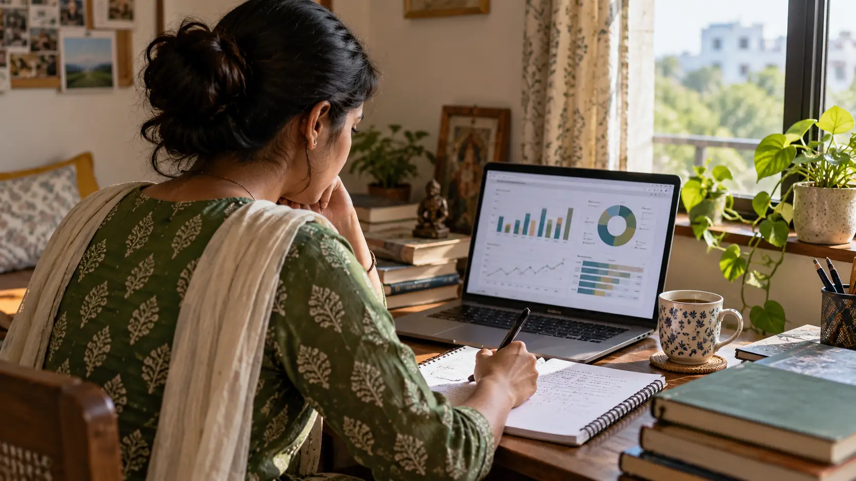 An Indian student reviewing health-data and EHR career information at a home study corner, reflecting the systems and analytics choices in HIM
