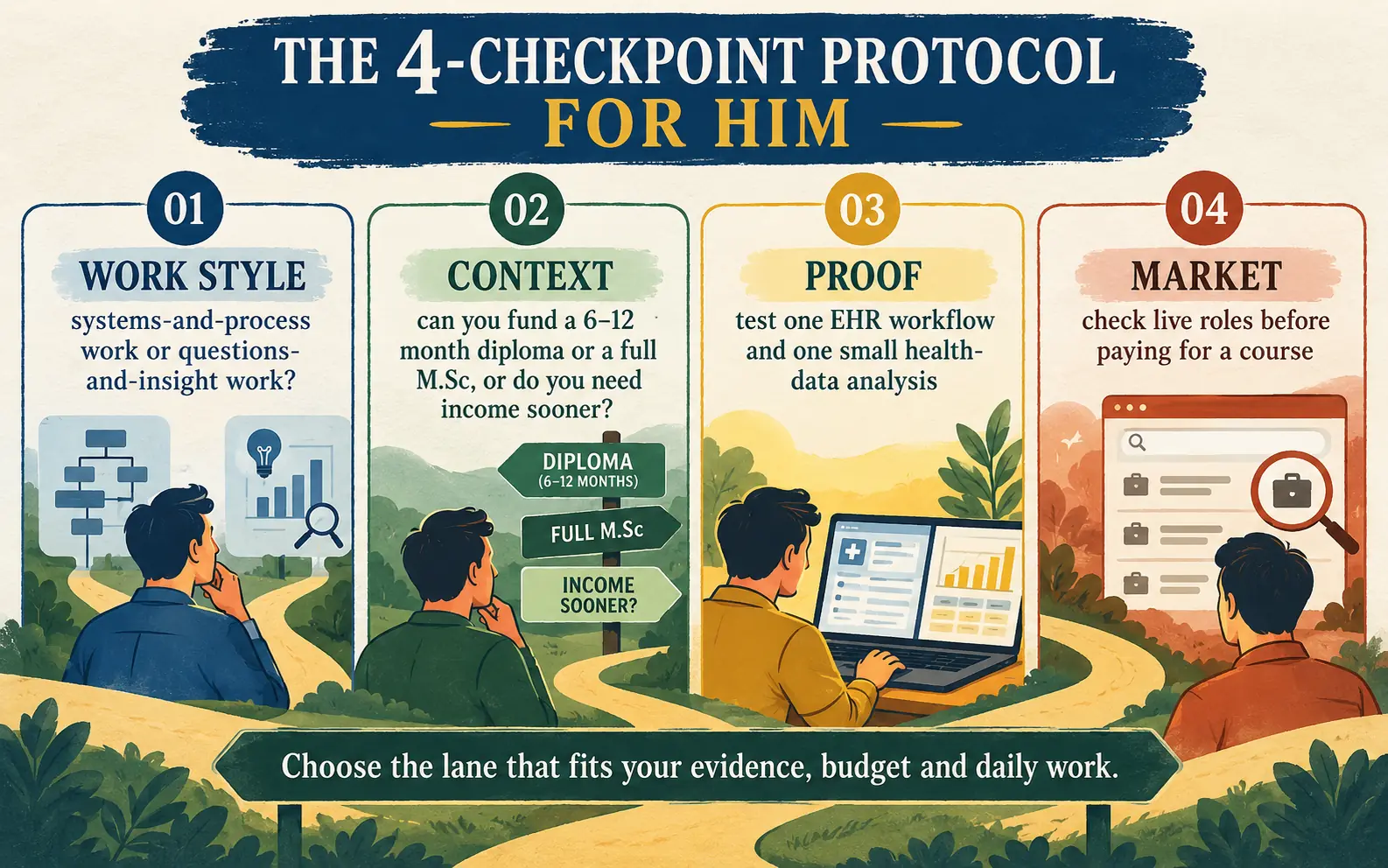 Self-assessment checklist for choosing an HIM lane by work style, budget and runway, proof of skill, and live-market demand