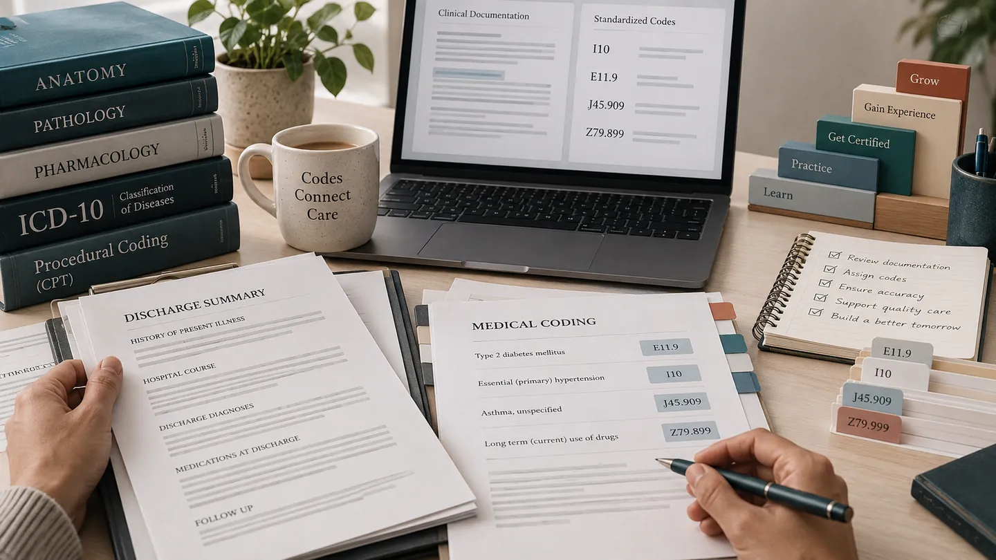 Editorial desk with clinical coding manuals, patient documentation, code cards, and a laptop illustrating a medical coding career in India.