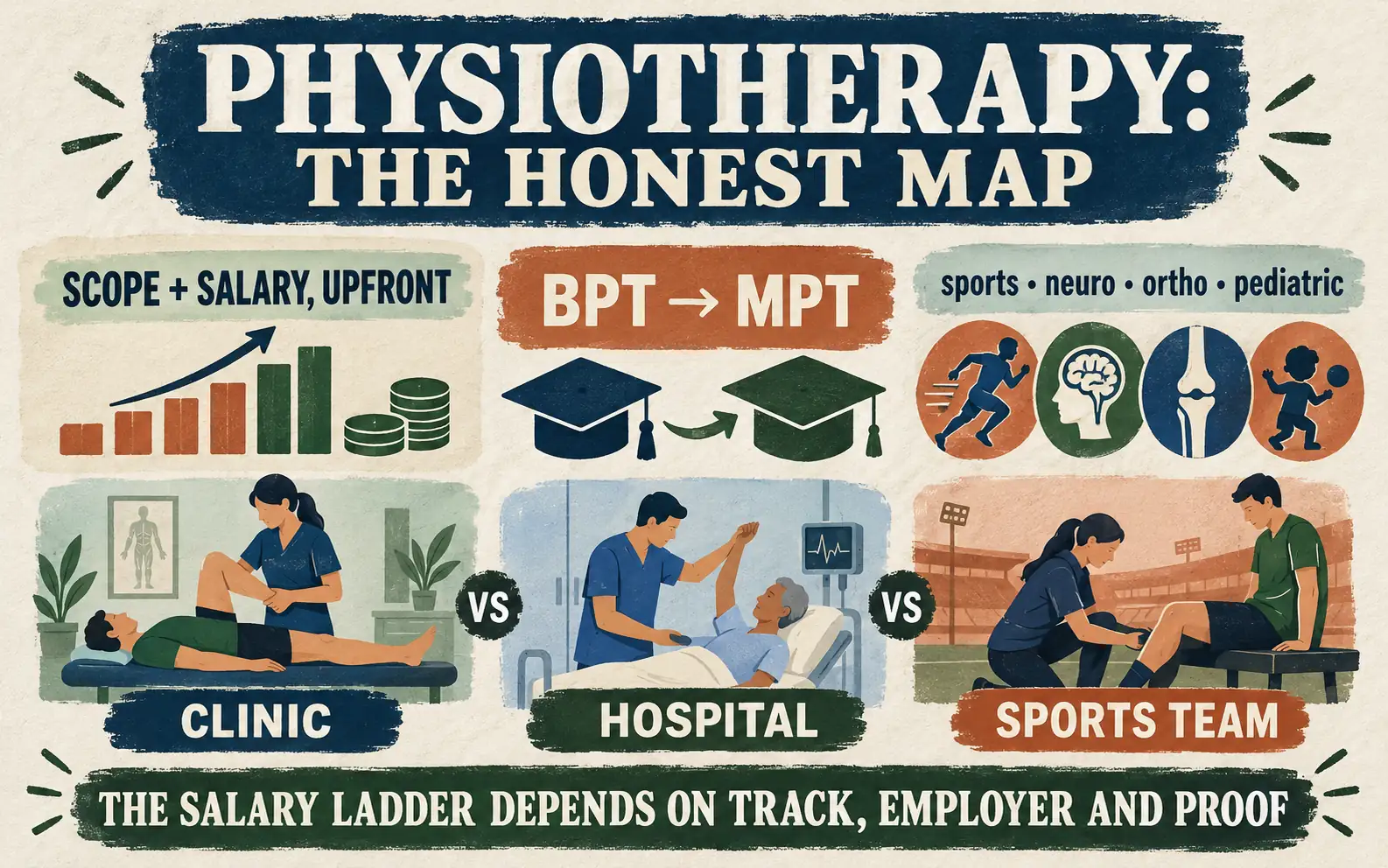Summary card mapping BPT and MPT, four physiotherapy tracks, employer types, and the factors that shape scope and salary