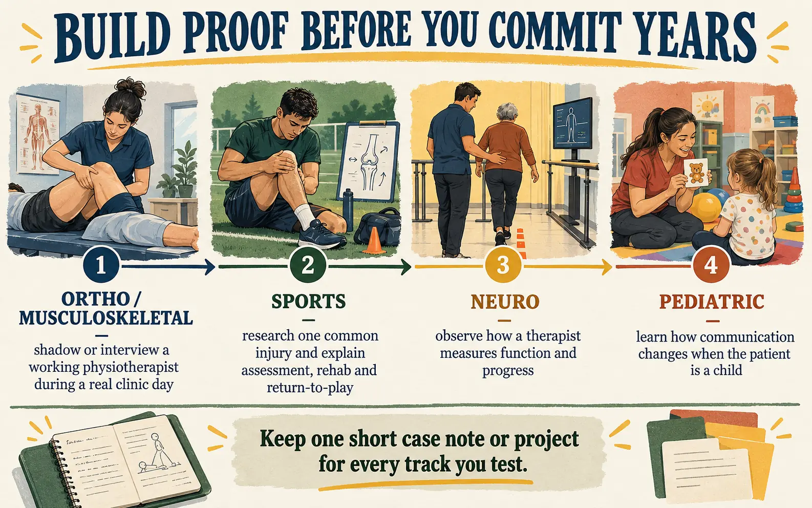 Chronological proof-building timeline for testing orthopaedic, sports, neuro, and pediatric physiotherapy tracks before committing years to one