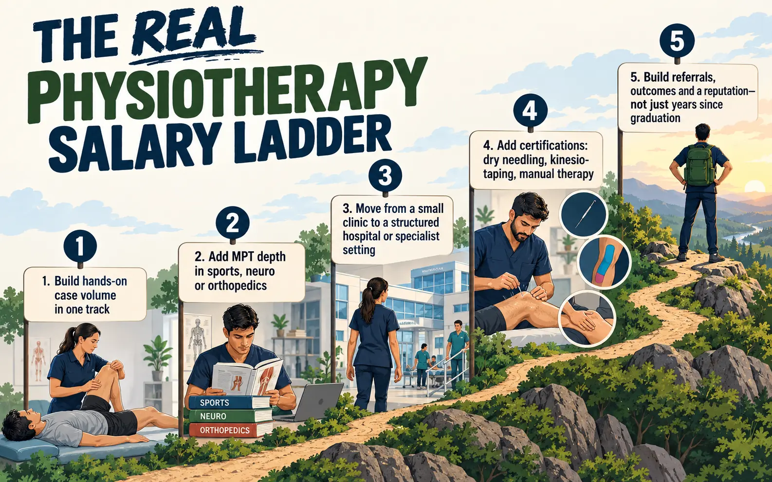 Chronological physiotherapy salary-ladder timeline showing specialization, employer moves, certifications, case volume, and referral-building as progression levers