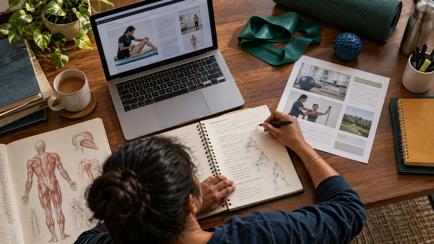 An Indian physiotherapy student reviewing career notes and course information at a desk, reflecting the specialization and employer choices behind the field's salary progression