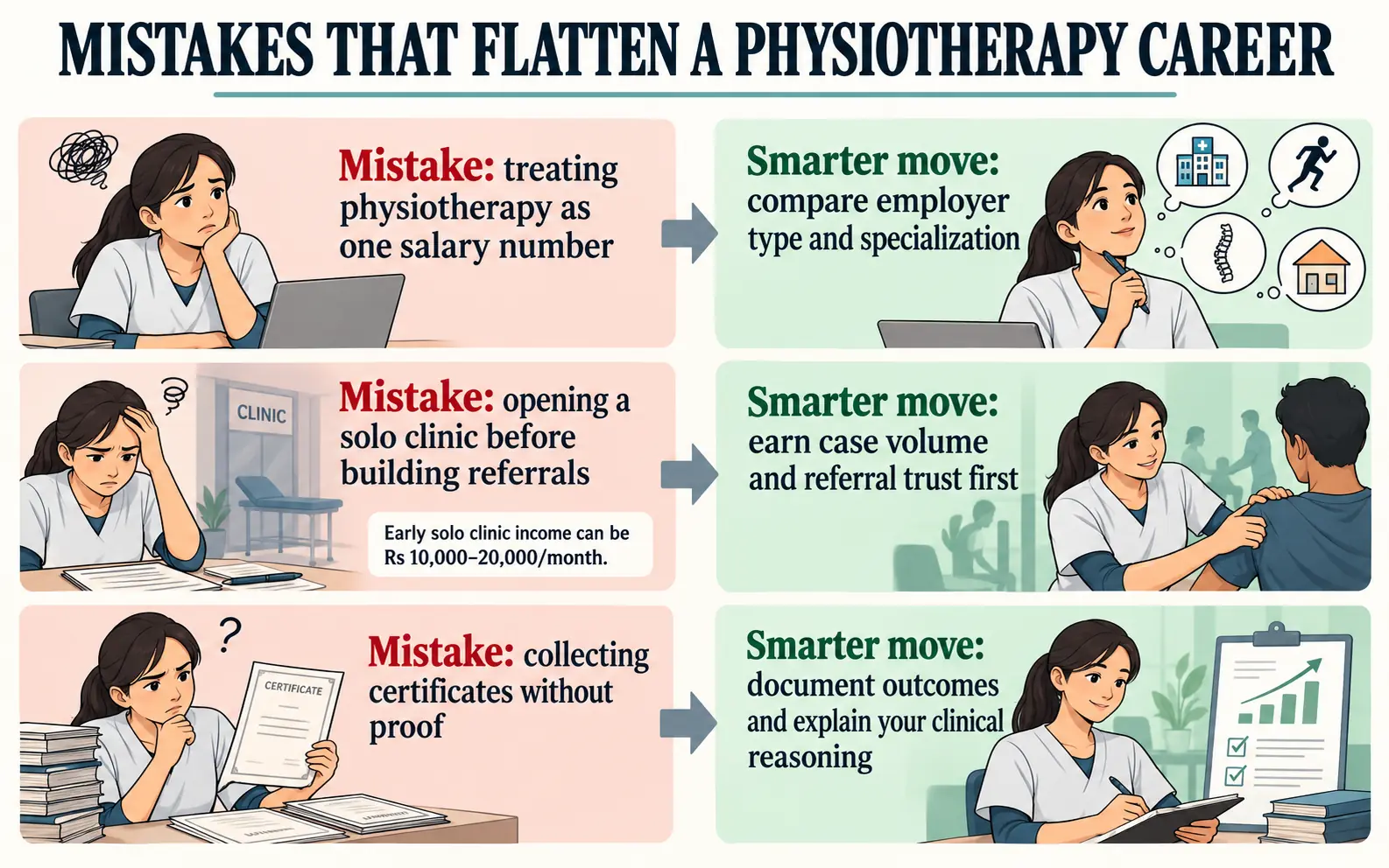 Mistakes-versus-smarter-moves panel showing why salary comparison, referral-building, and documented outcomes matter in physiotherapy planning