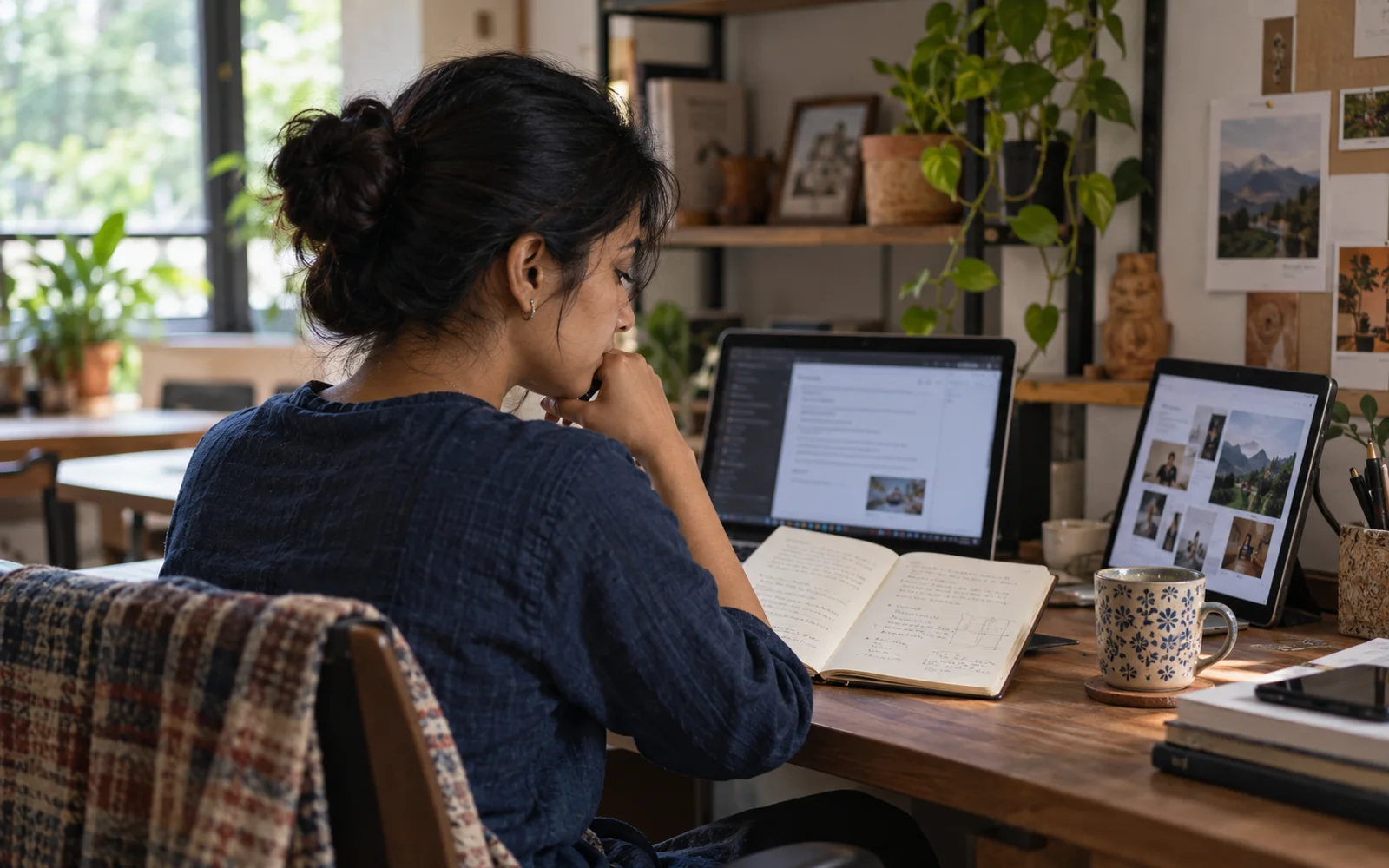 Indian professional reflecting on purpose, current work, and a small next-step project in a quiet workspace