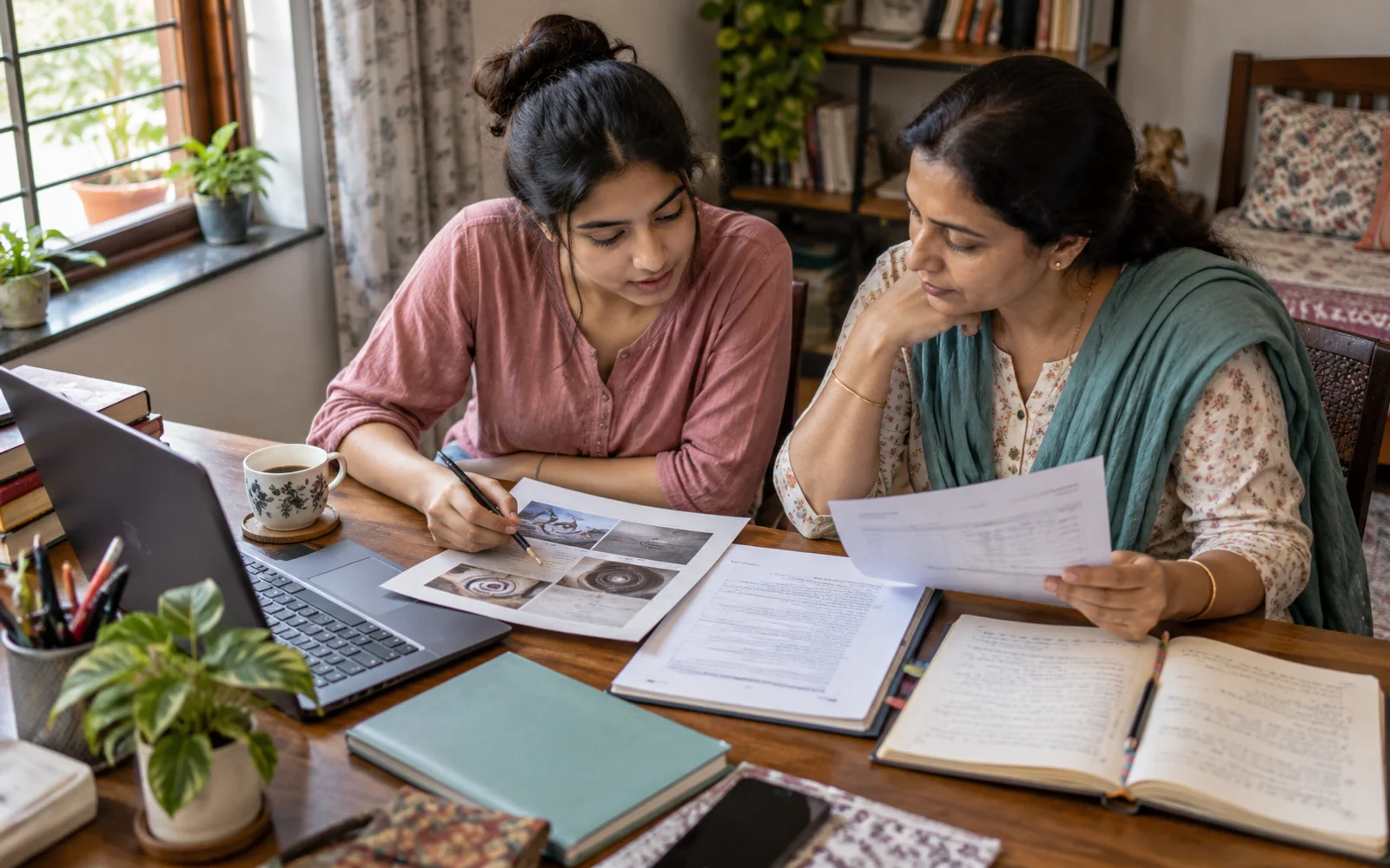 Indian student and parent reviewing career-choice evidence together at home with thoughtful guidance