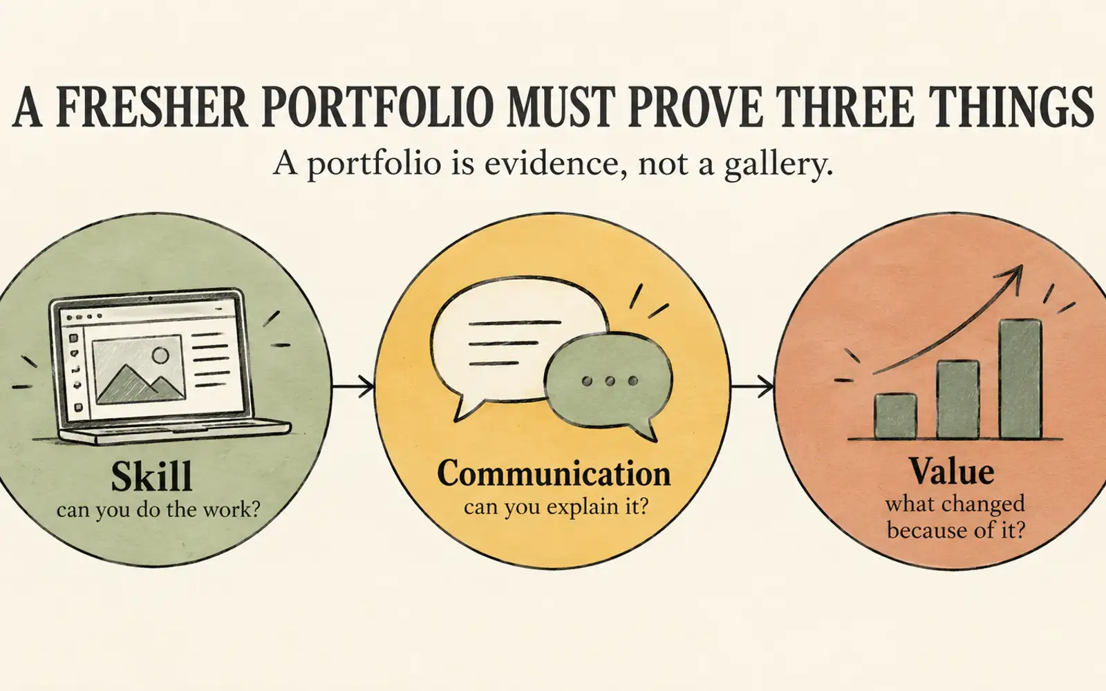 Summary card showing what a fresher portfolio needs to prove, what to show by field, and how to present each piece