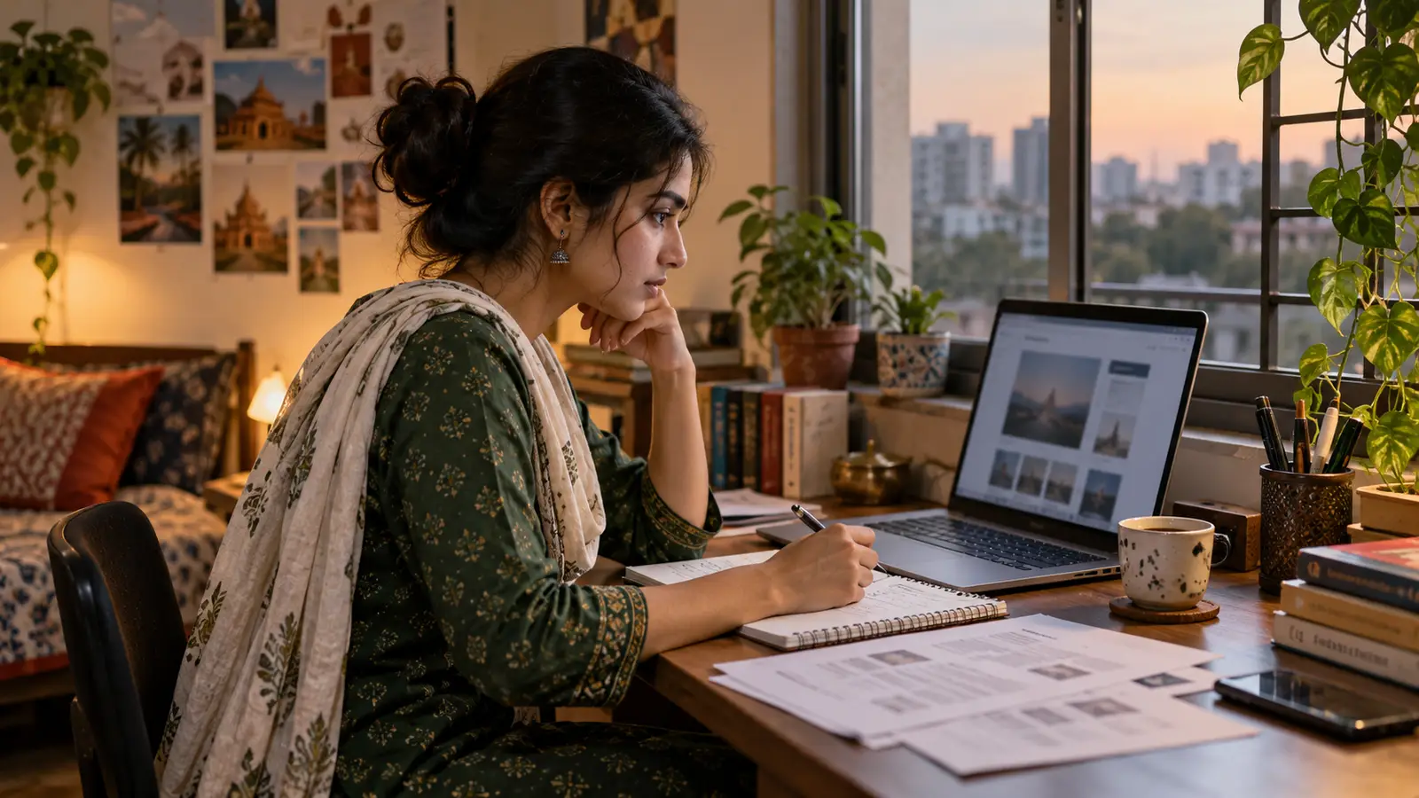 A recent Indian graduate preparing a portfolio and job application beside printed role descriptions and a notebook