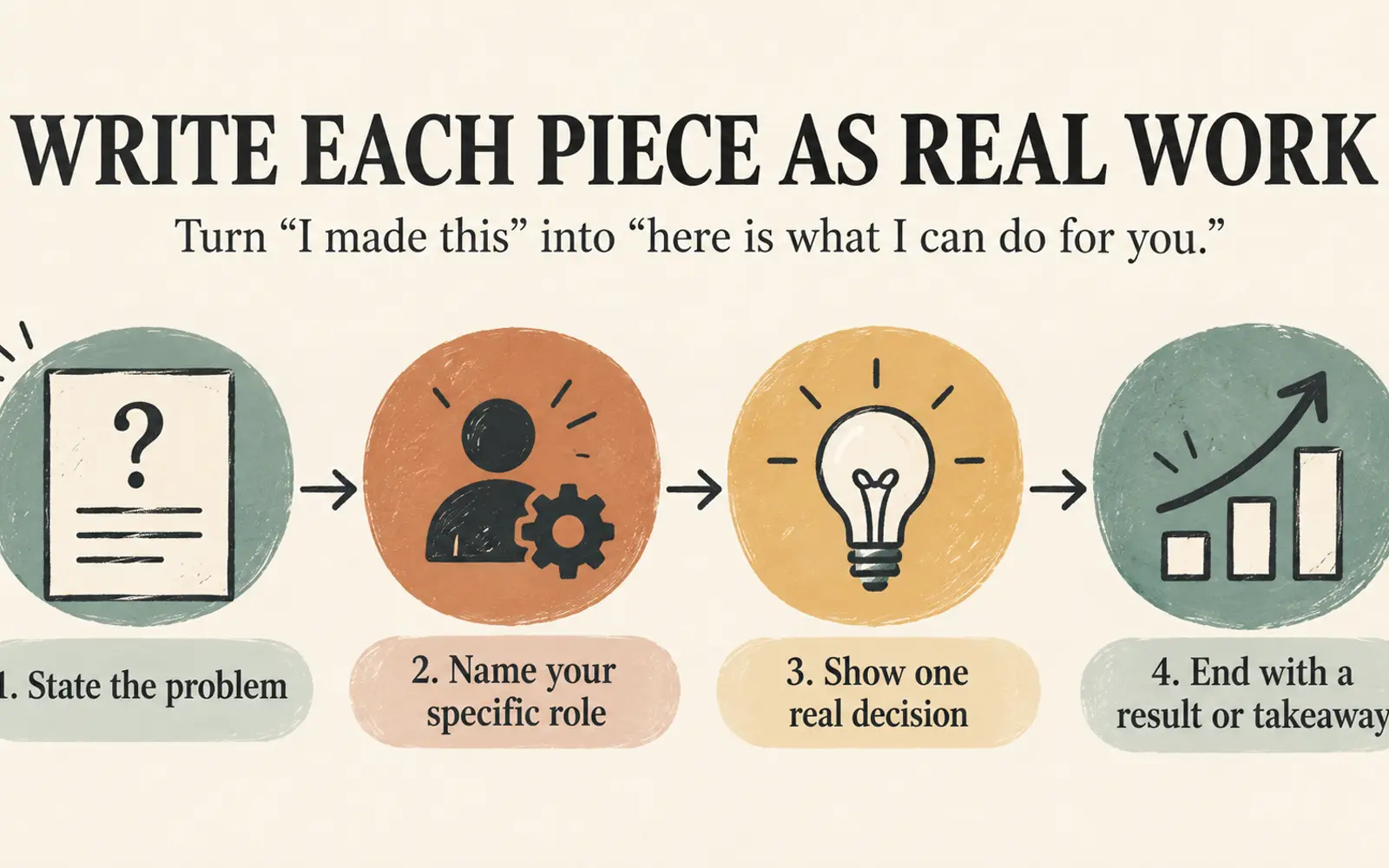 Four-step process for writing a portfolio piece as real work: state the problem, role, decision, and result