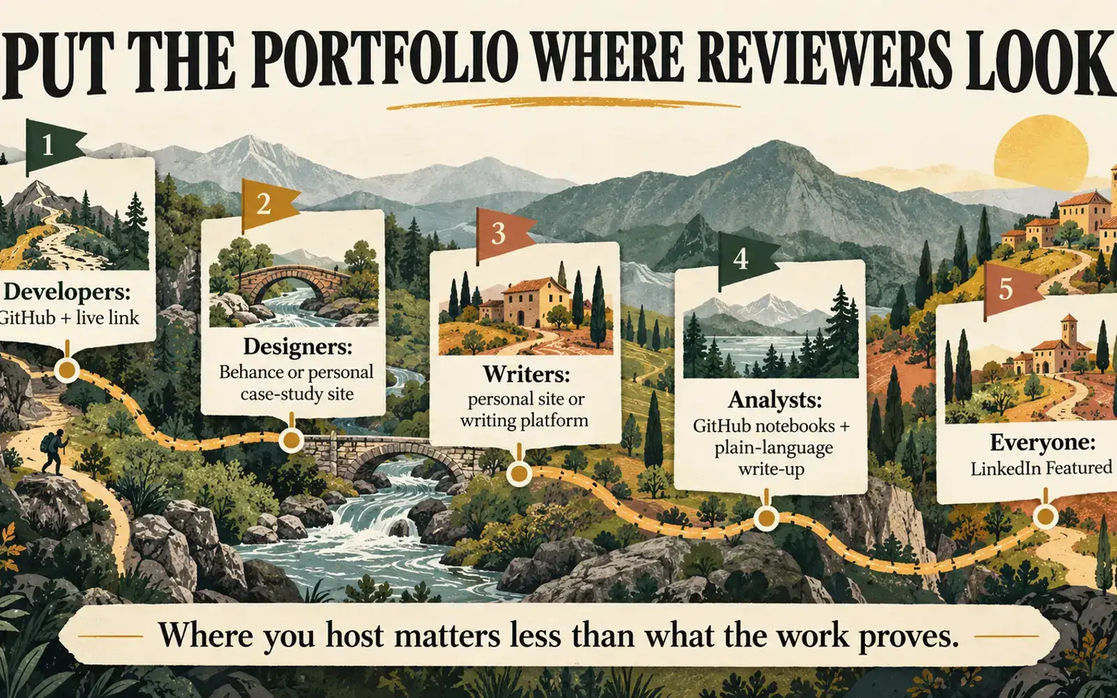 Skill map connecting developers, designers, writers, analysts, and all fields to the portfolio platforms reviewers check