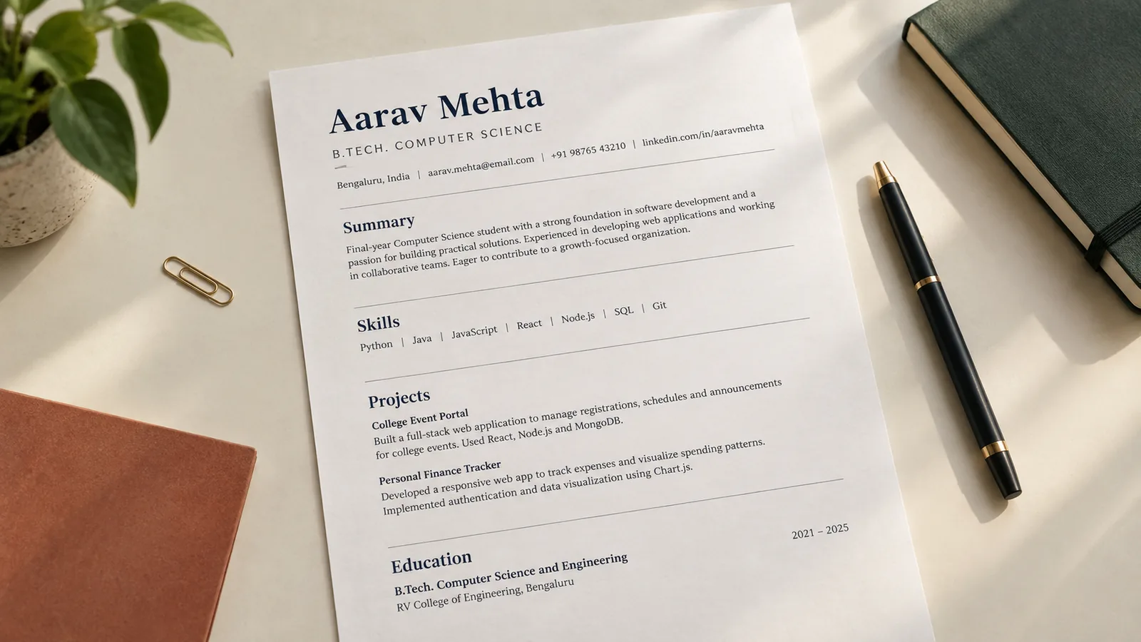 Editorial desk composition showing a polished fresher resume and supporting proof of skills