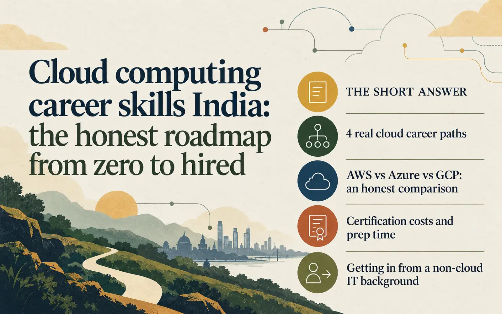 Summary card listing four cloud career paths, an AWS versus Azure versus GCP comparison, certification planning, and entry routes from a non-cloud IT background