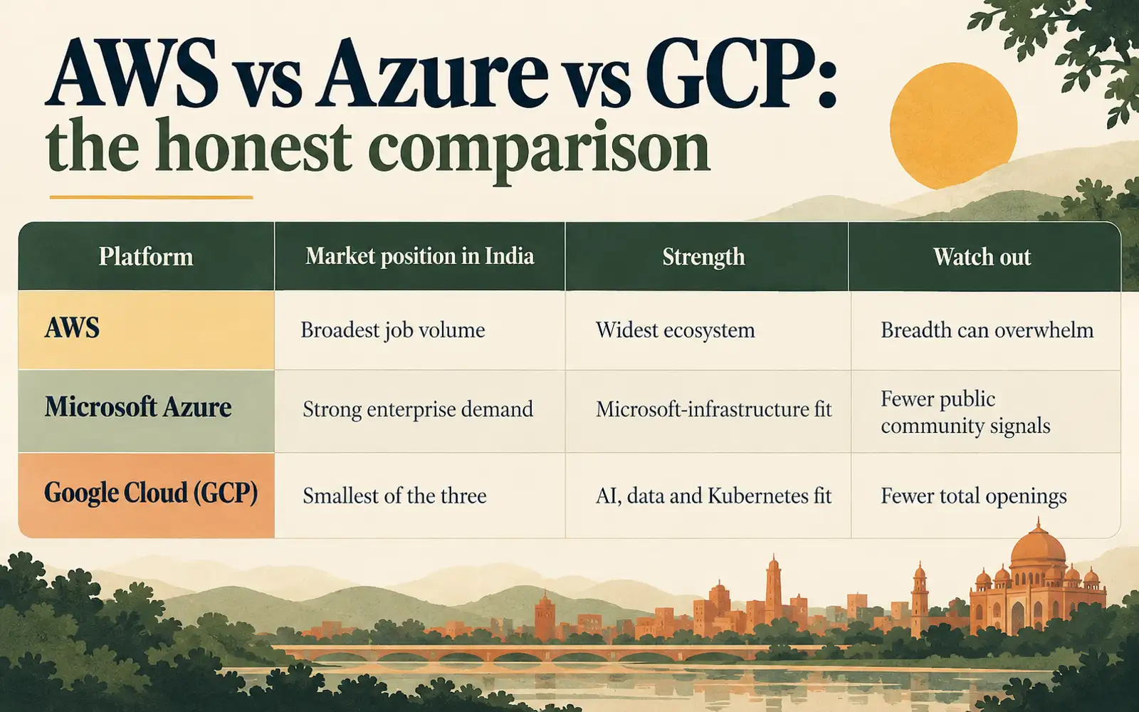 Comparison table for AWS, Microsoft Azure, and Google Cloud showing their Indian market position, strengths, and trade-offs