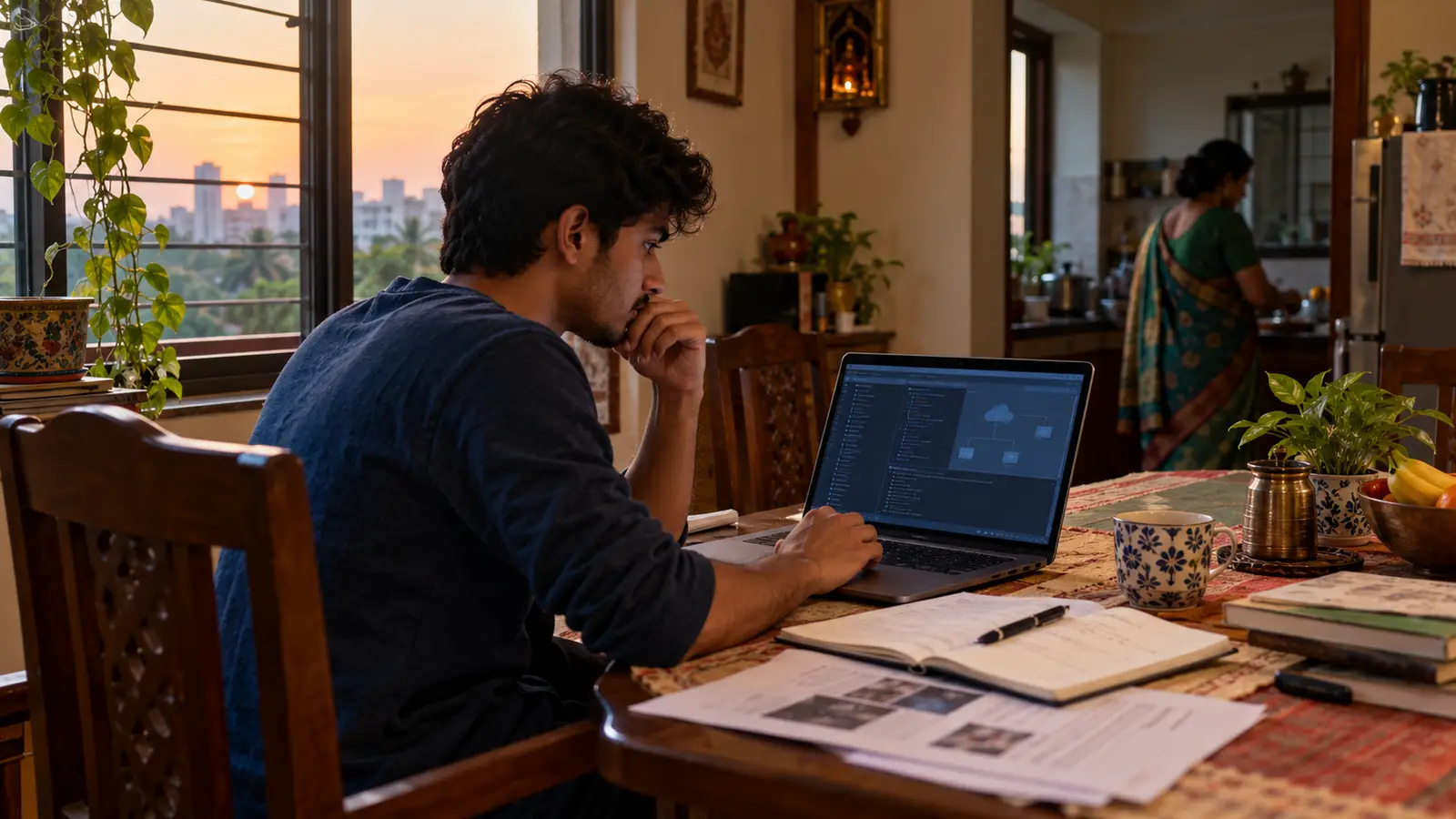 Indian learner working on a cloud project at a family dining table beside a window, with notes and job information nearby