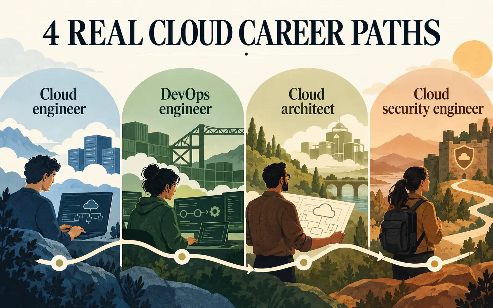 Four-part roadmap showing cloud engineer, DevOps engineer, cloud architect, and cloud security engineer as distinct cloud career paths