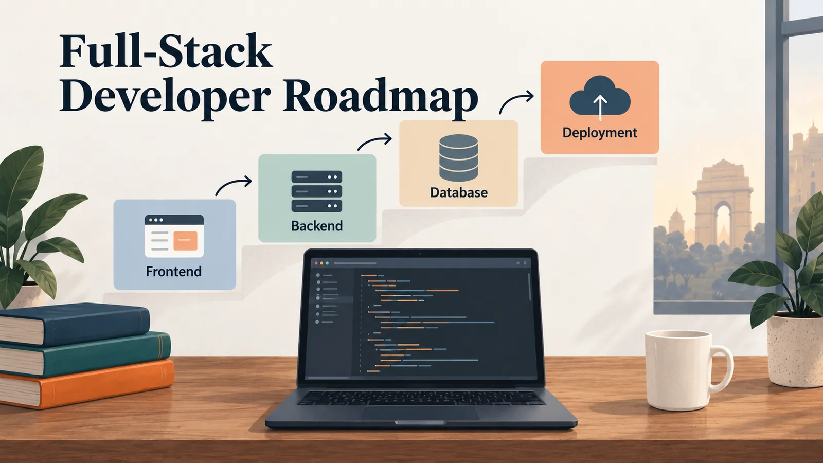 Editorial roadmap illustration connecting frontend backend database and deployment for full-stack developers