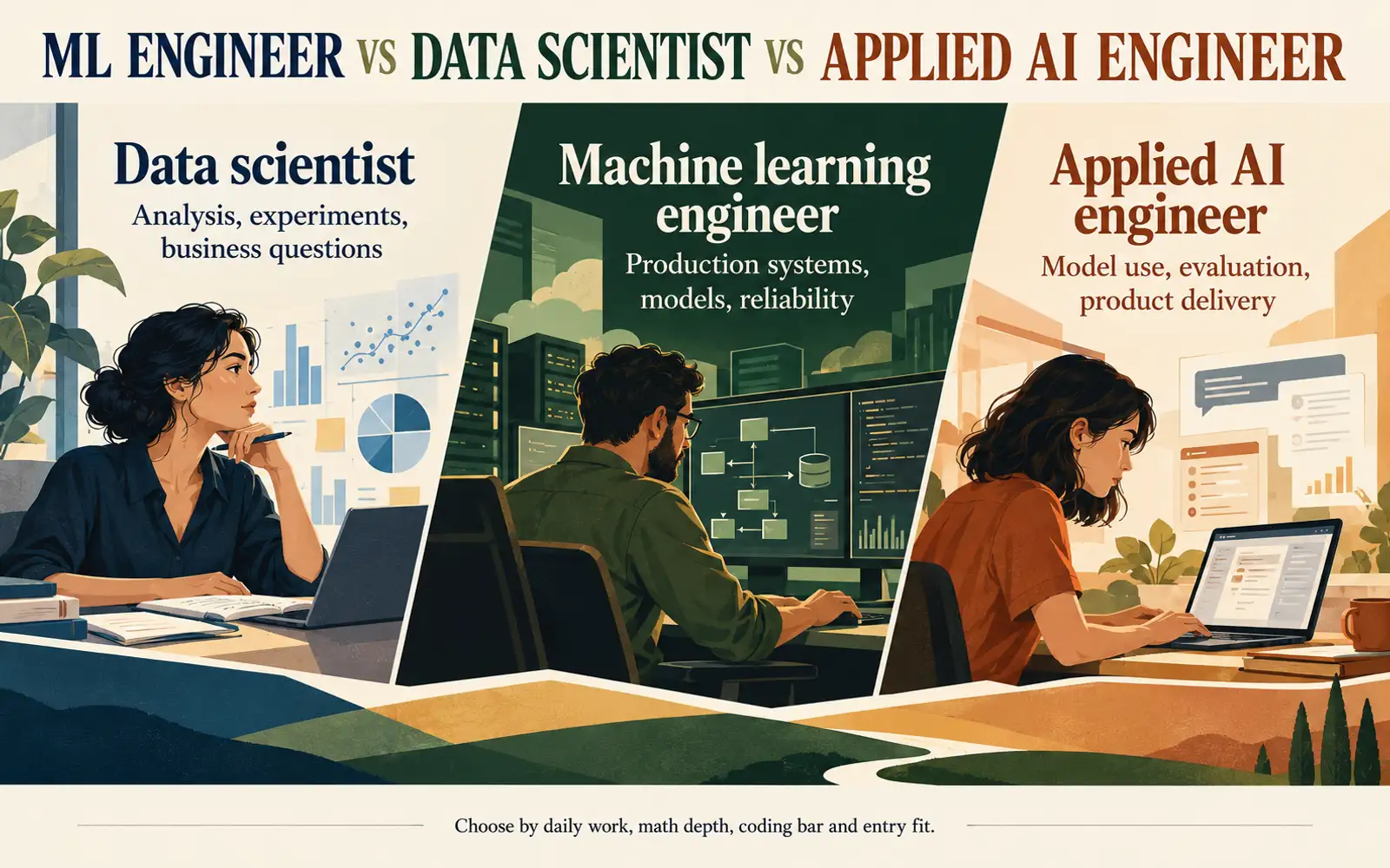 Three-panel comparison of data scientist, machine learning engineer, and applied AI engineer work and entry fit