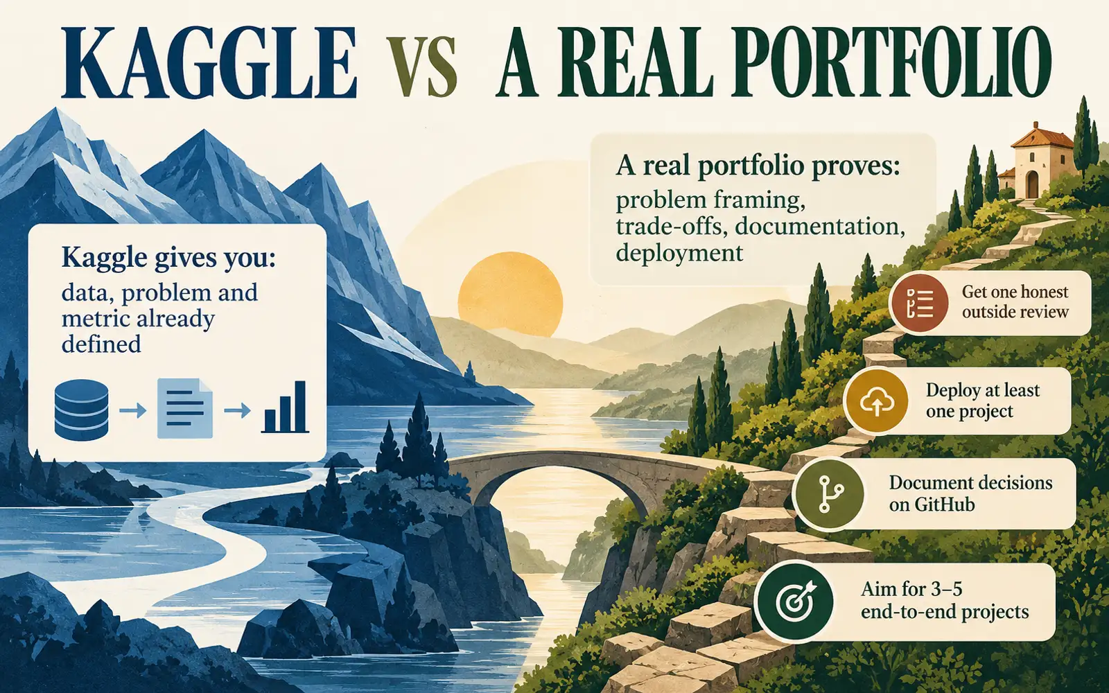 Kaggle versus real portfolio comparison showing the difference between predefined competition work and problem-framing, documentation, deployment, and review