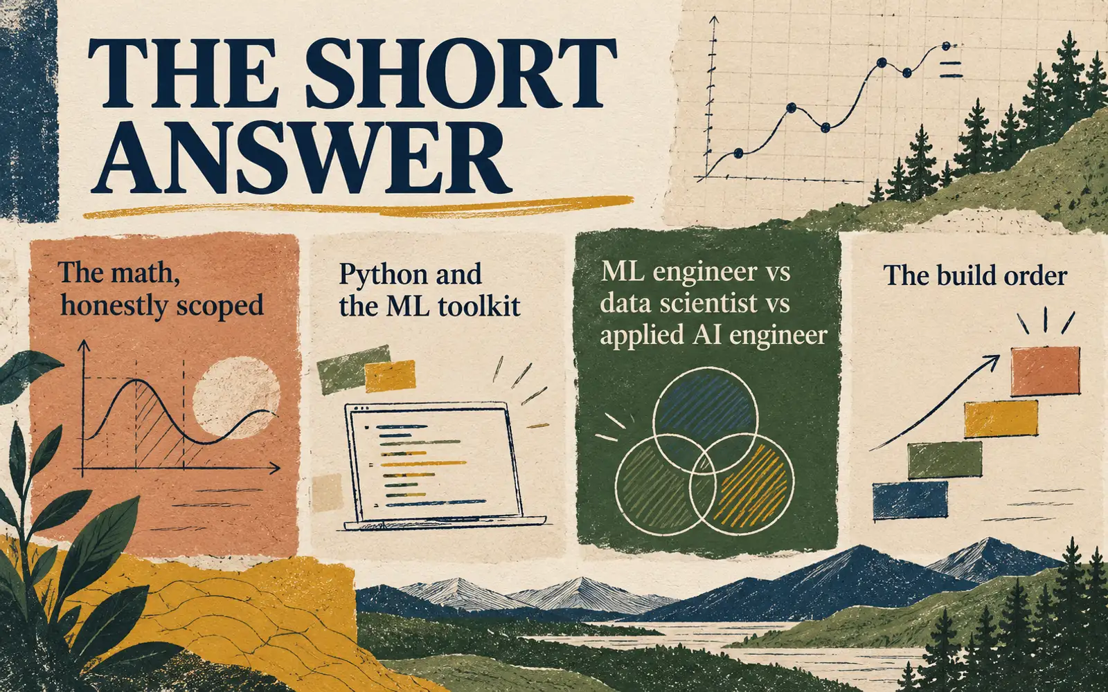 Summary card covering scoped math, the Python and ML toolkit, three machine-learning career roles, and the portfolio build order