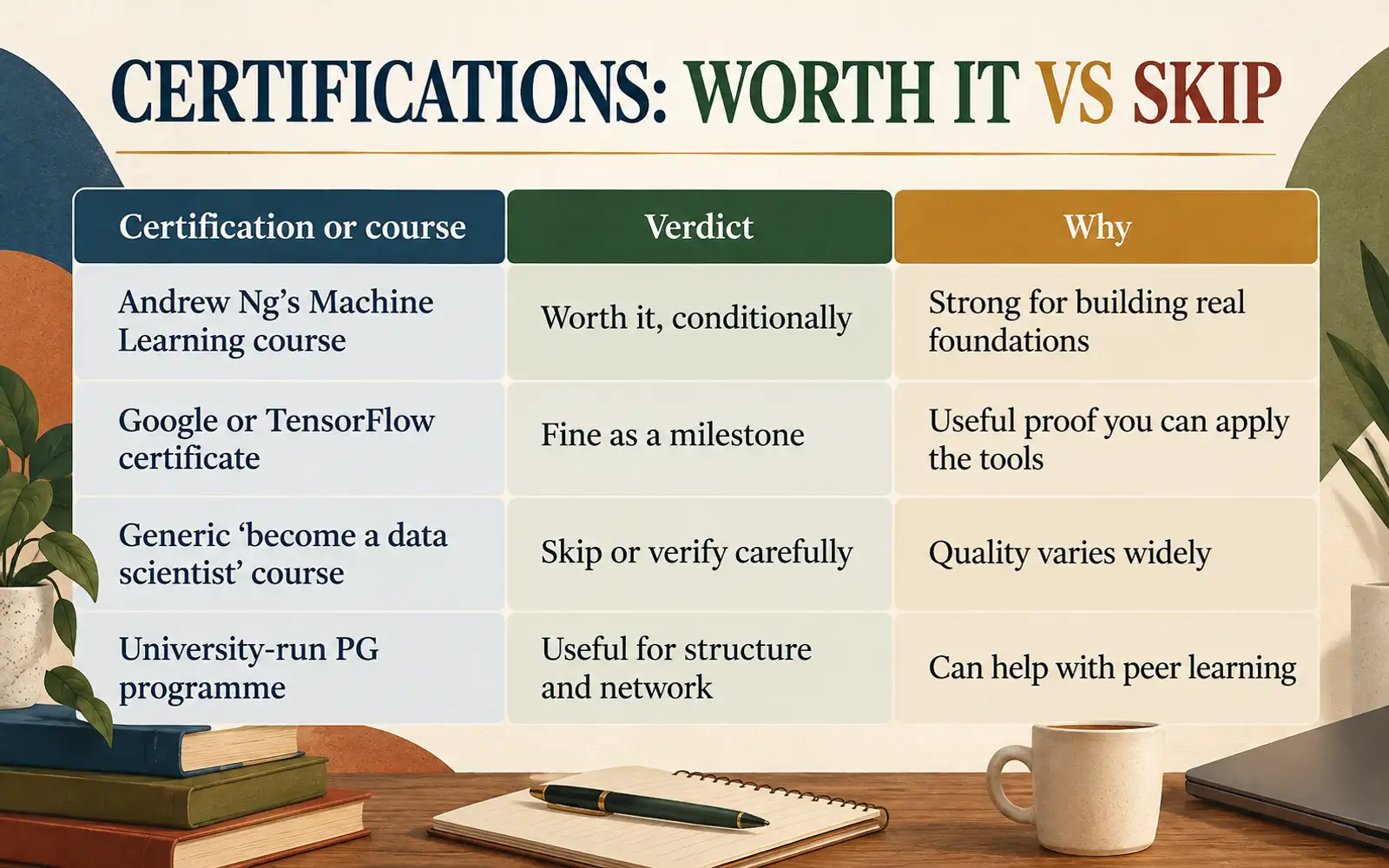 Comparison table showing which machine-learning courses and certifications are conditionally worthwhile, useful milestones, or worth verifying carefully