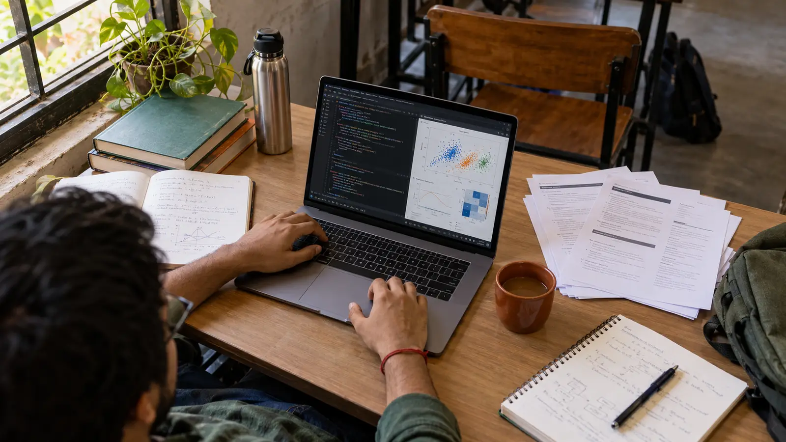 Indian learner working on a machine-learning project at a classroom desk with notebooks and job descriptions nearby