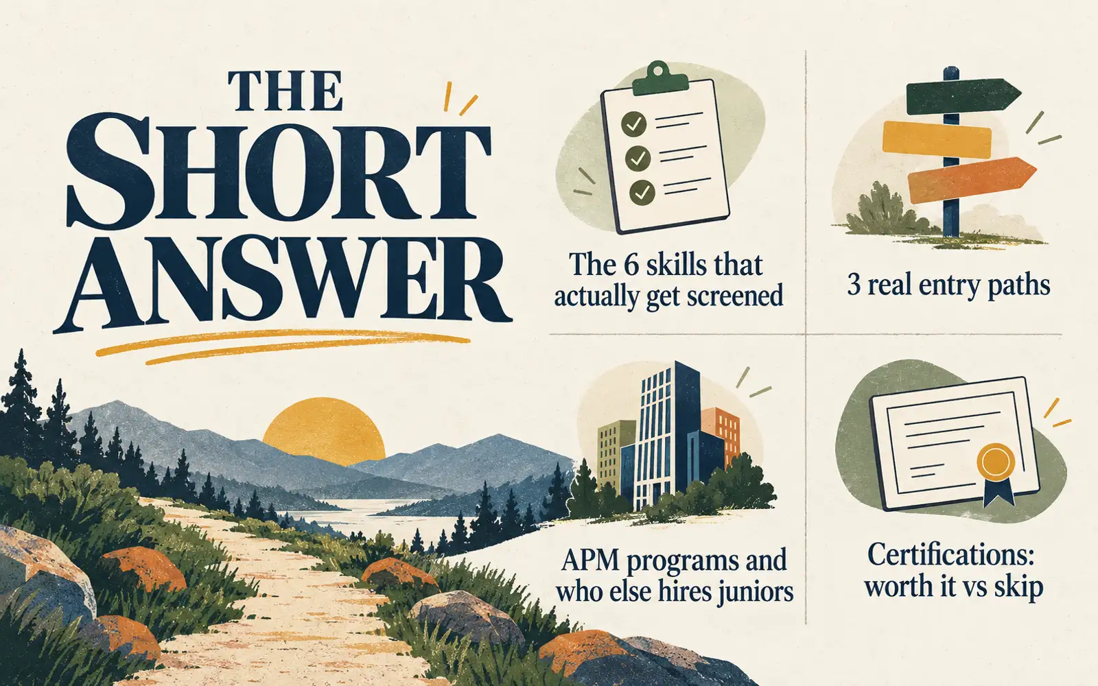 Summary card covering six screened product-management skills, three entry paths, junior hiring routes, and certification trade-offs