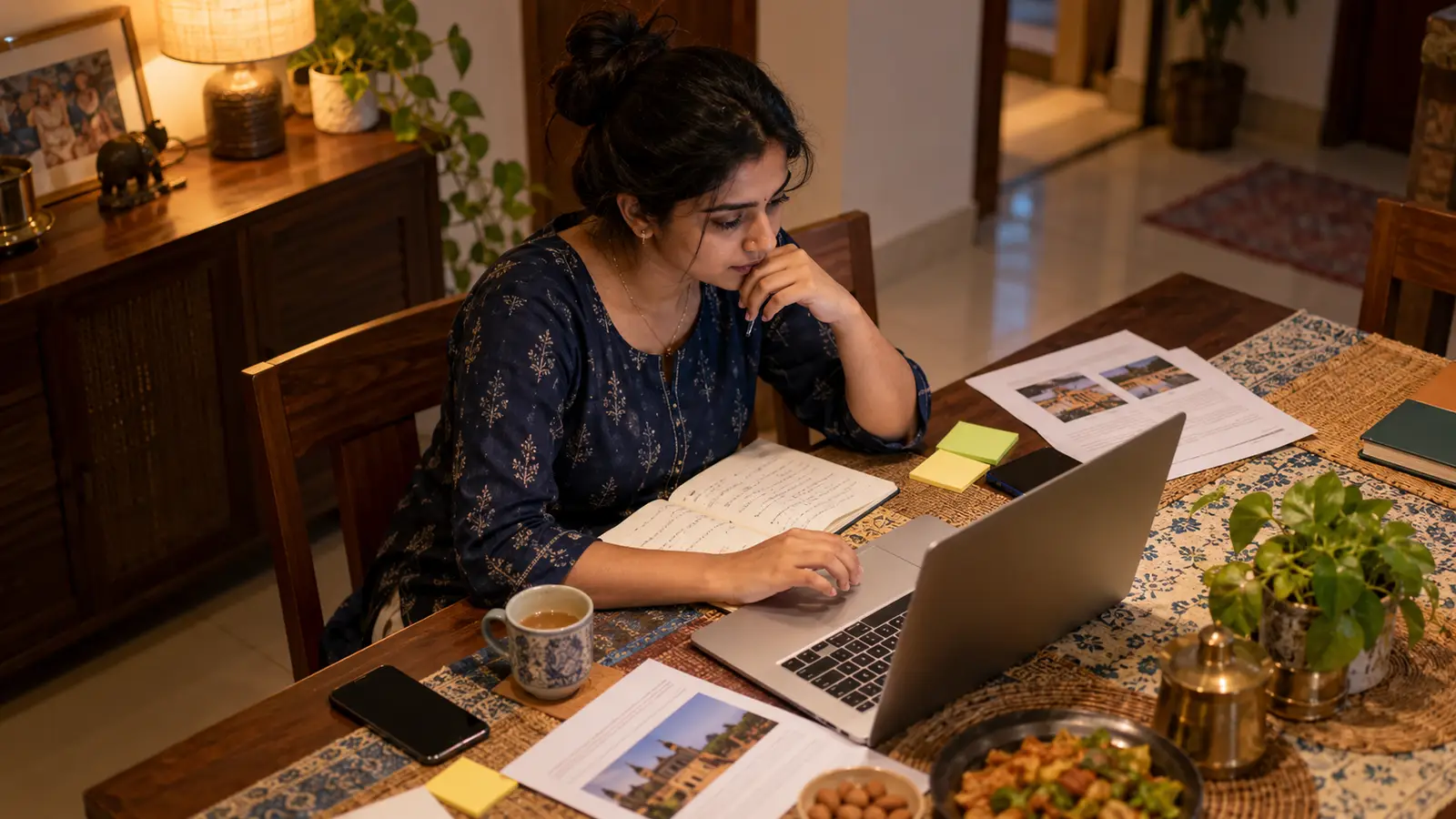 Indian learner planning a product project at a family dining table with a laptop, notebook, sticky notes, and career information