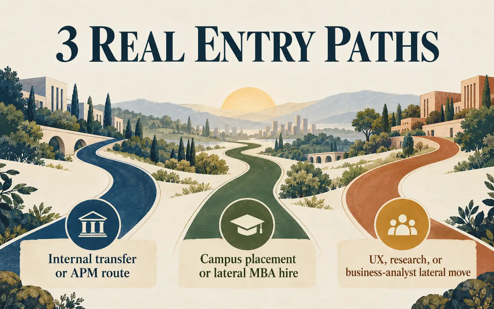 Three-route roadmap showing internal transfer or APM, campus or lateral MBA hiring, and UX, research, or business-analyst lateral moves into product management