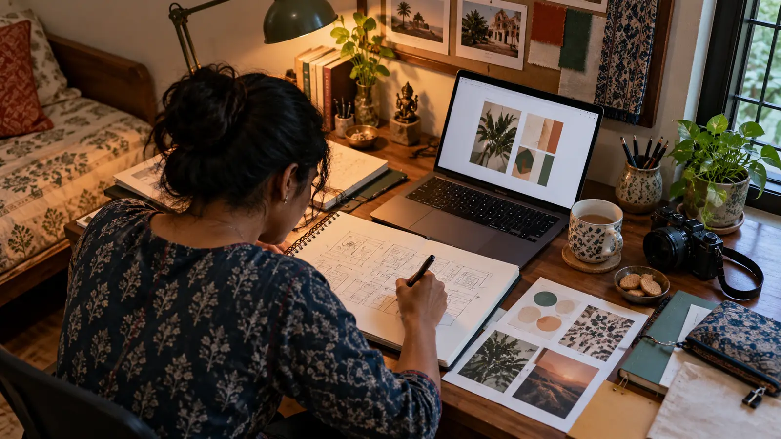 Indian learner sketching UX wireframes beside a laptop, case notes, design samples, and a camera at a home desk