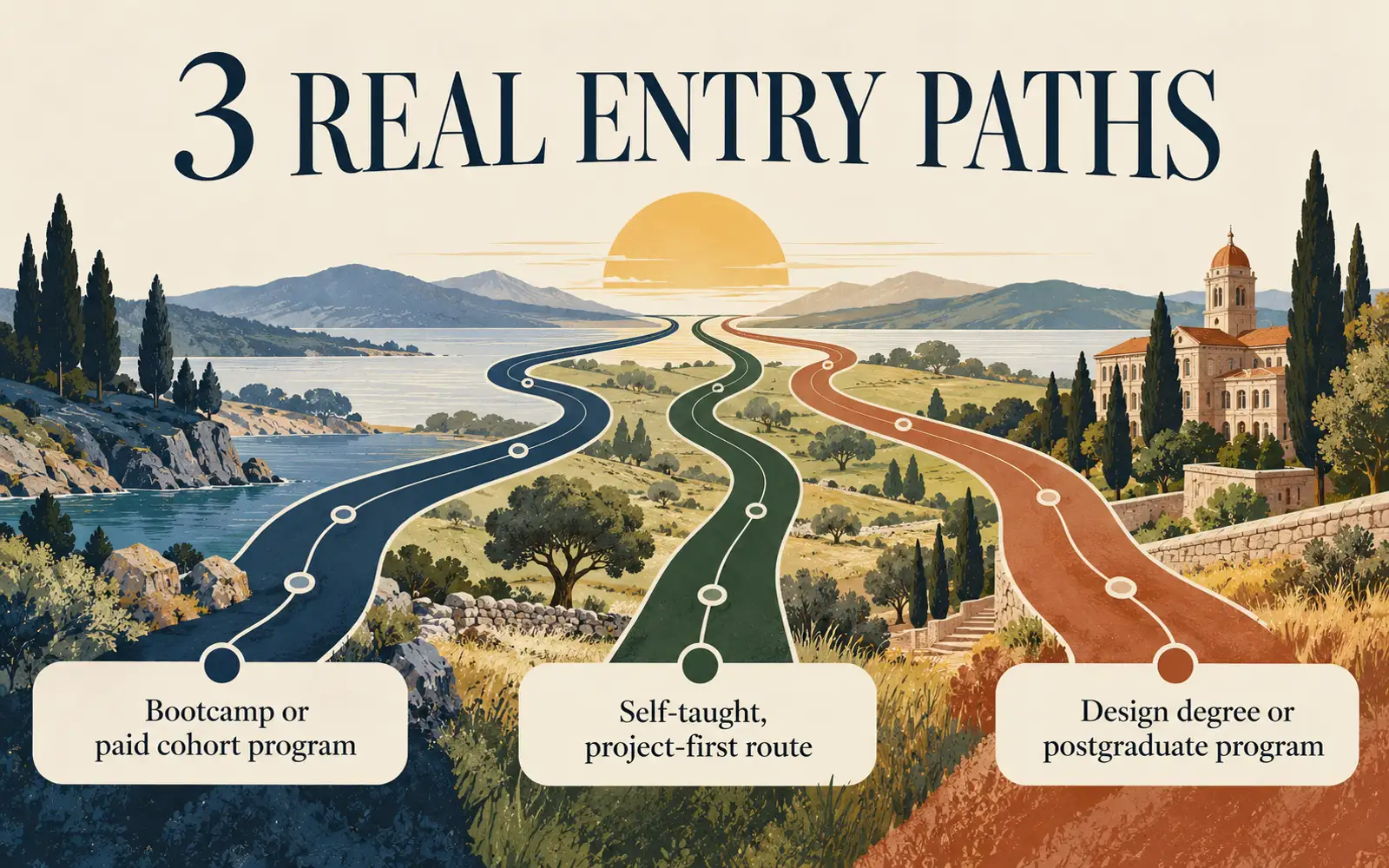 Three-route UX entry roadmap showing bootcamp or cohort, self-taught project-first, and design degree or postgraduate paths