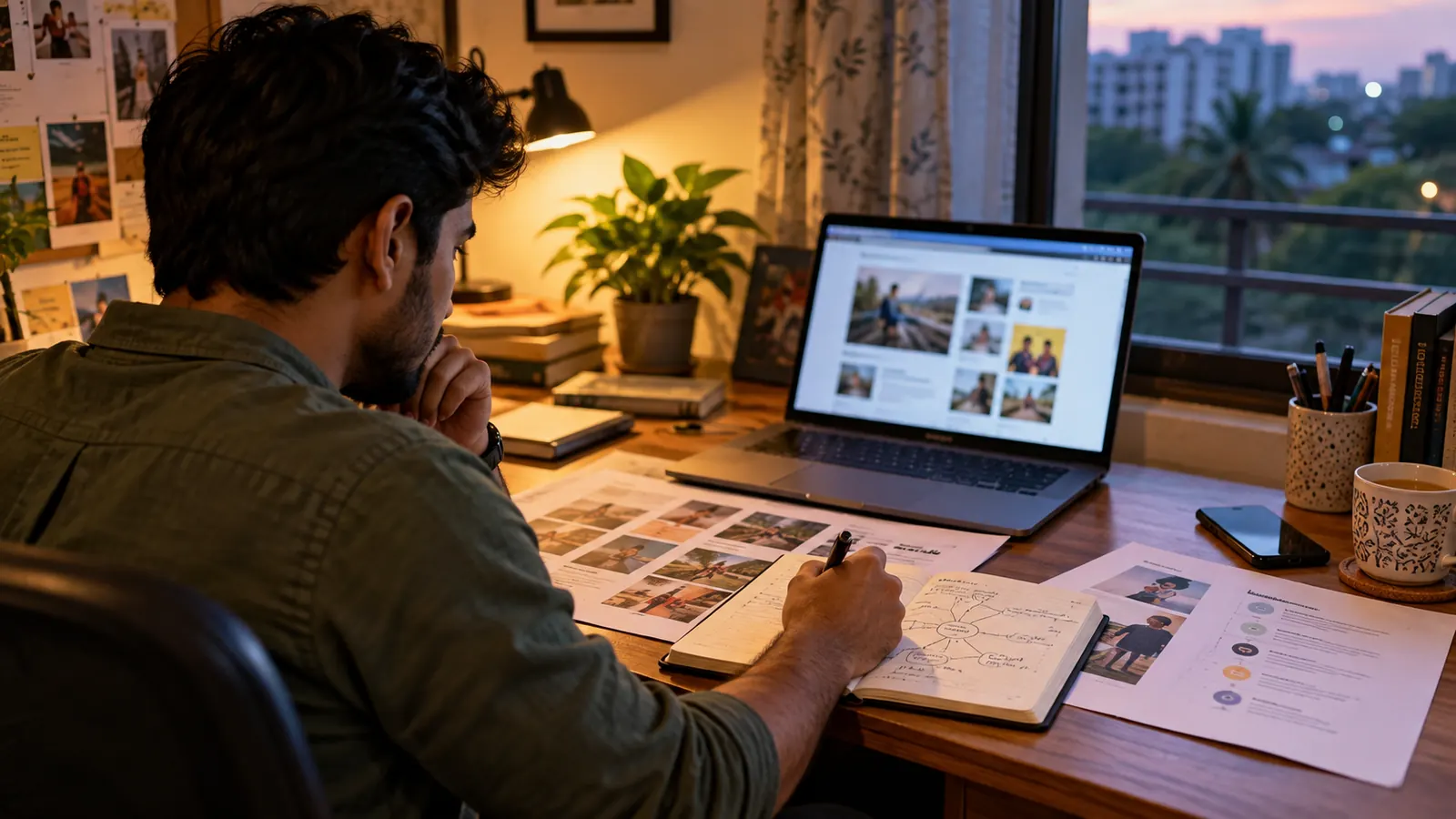 Indian working professional comparing course notes and a laptop after work at a modest home desk