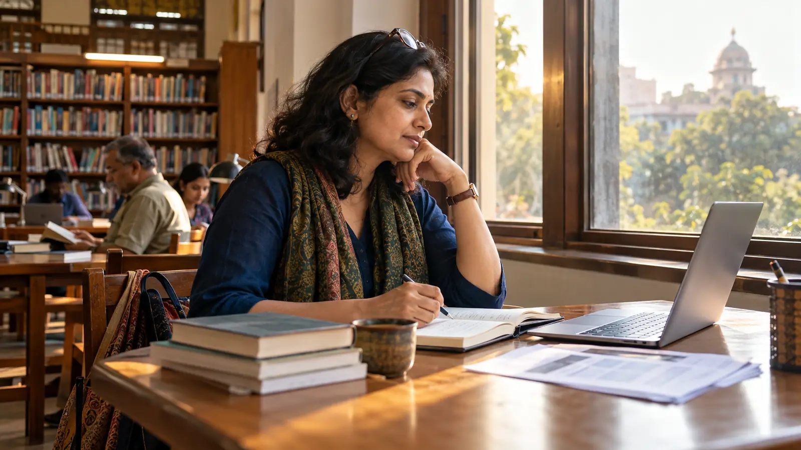 Indian learner comparing a laptop project, job descriptions, and notes in a naturally lit study corner