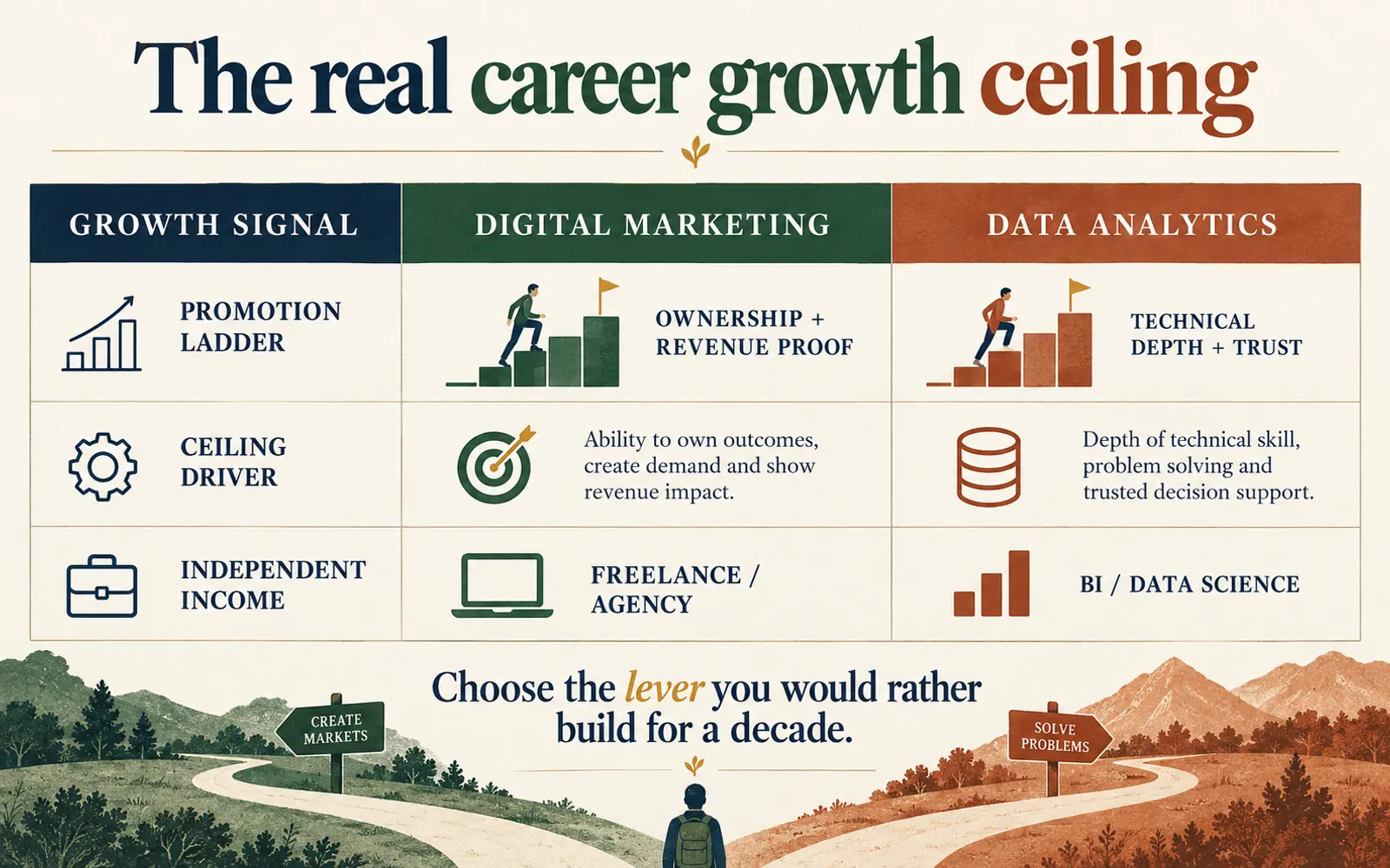 Growth-ceiling comparison showing digital marketing's ownership and revenue proof alongside data analytics' technical depth and trust