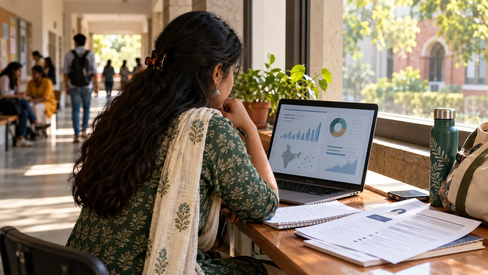 Indian college learner studying a dashboard beside job descriptions and notes, reflecting the choice between digital marketing and data analytics careers