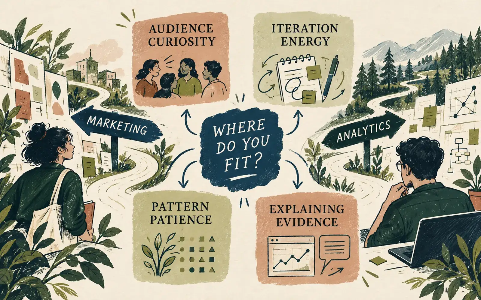 Fit-signal map comparing audience curiosity and iteration energy with pattern patience and explaining evidence for marketing and analytics
