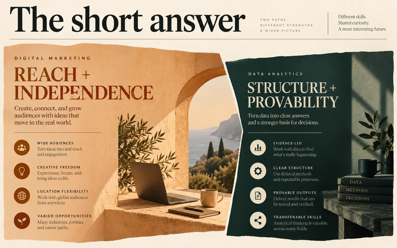 Asymmetrical comparison showing digital marketing's reach and independence beside data analytics' structure and provability