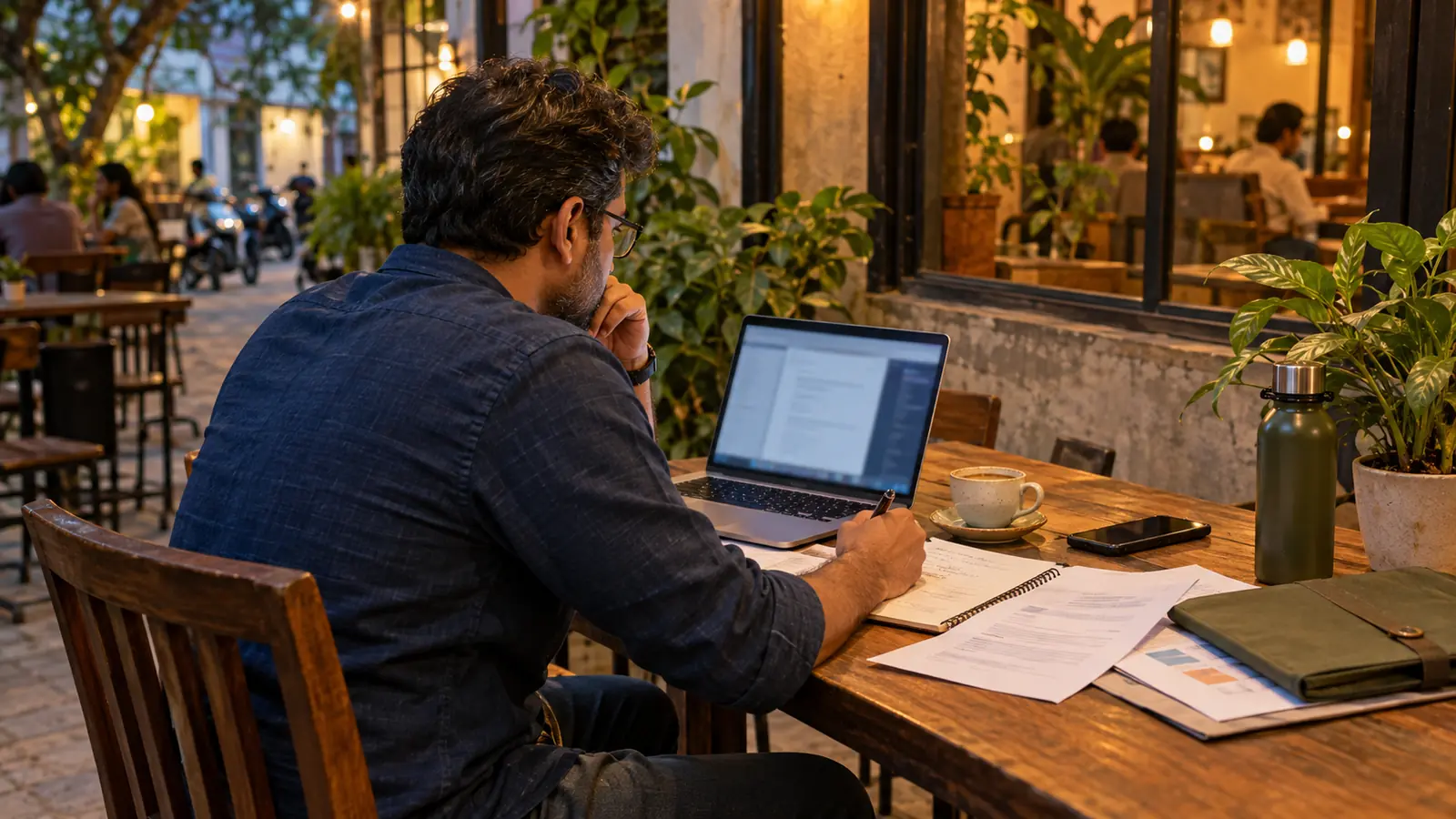 Indian designer working between a sketchbook, design samples, and a laptop in a naturally lit home workspace