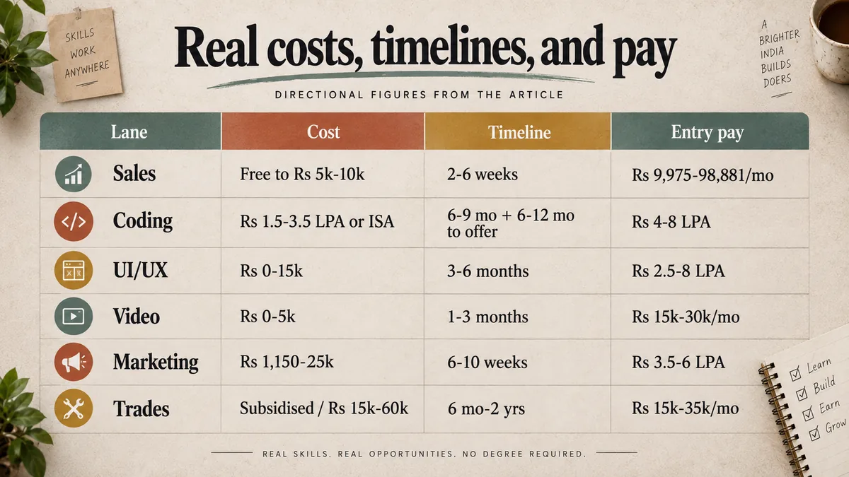 Landscape comparison of realistic costs, timelines, and entry pay for six high-income skills in India.