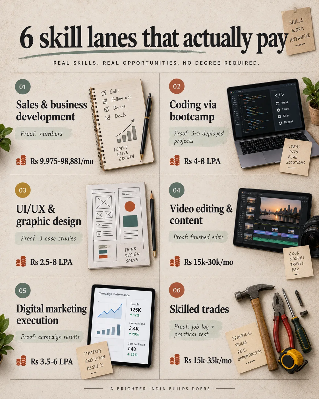 Six practical high-income skill lanes available to learners in India without a degree.