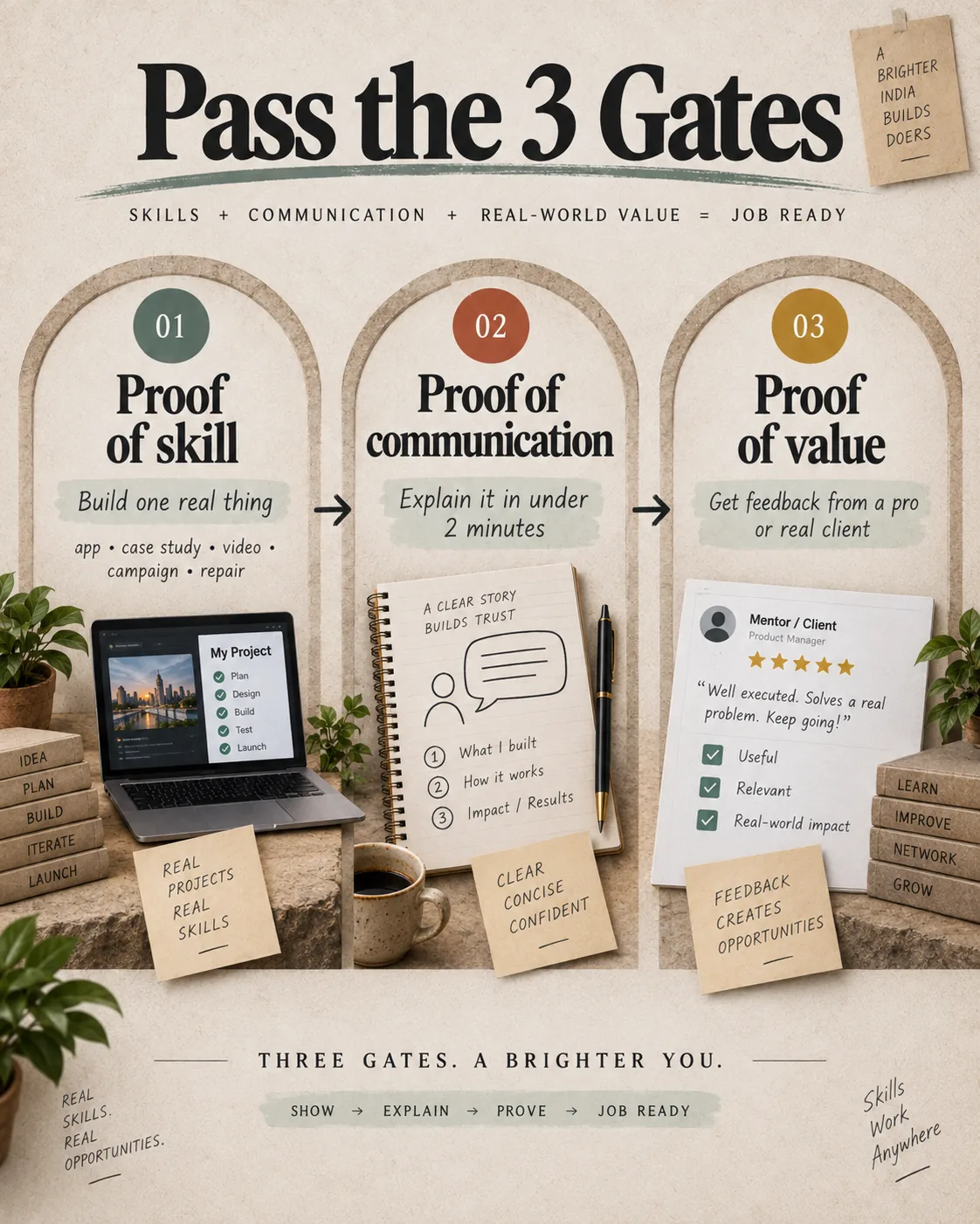 Three gates that show whether a learner is ready to turn a skill into income.