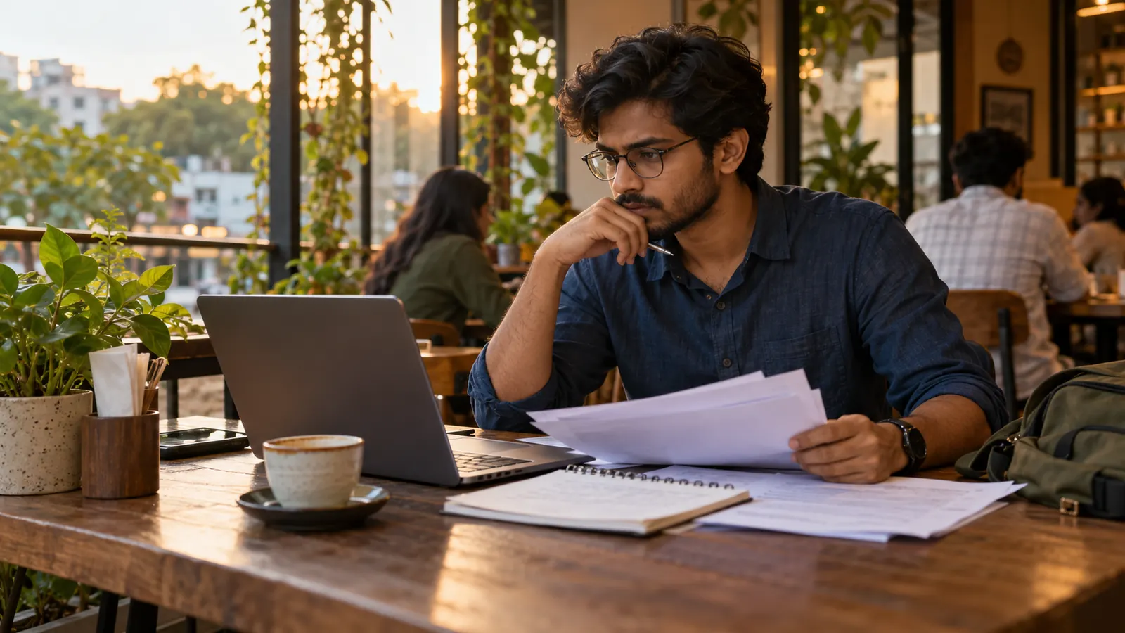 Indian learner comparing a laptop project, job information, and handwritten notes while choosing between Python and Java