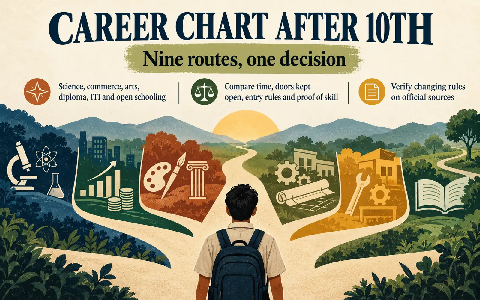 Career chart after 10th summary showing nine routes, the time and doors to compare, and the skill portfolio layer that supports every route.