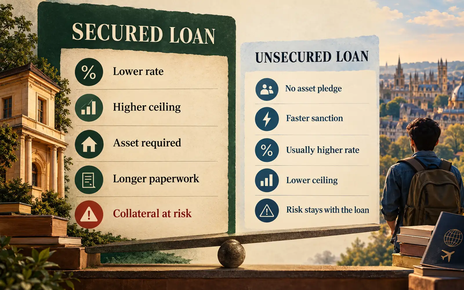 Comparison graphic showing the trade-offs between secured and unsecured study-abroad education loans, including rate, ceiling, paperwork, speed and collateral risk.