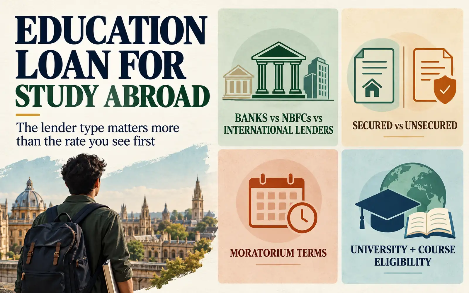 Summary graphic showing why lender type matters, secured versus unsecured loans, moratorium terms, and university and course eligibility for study-abroad funding.