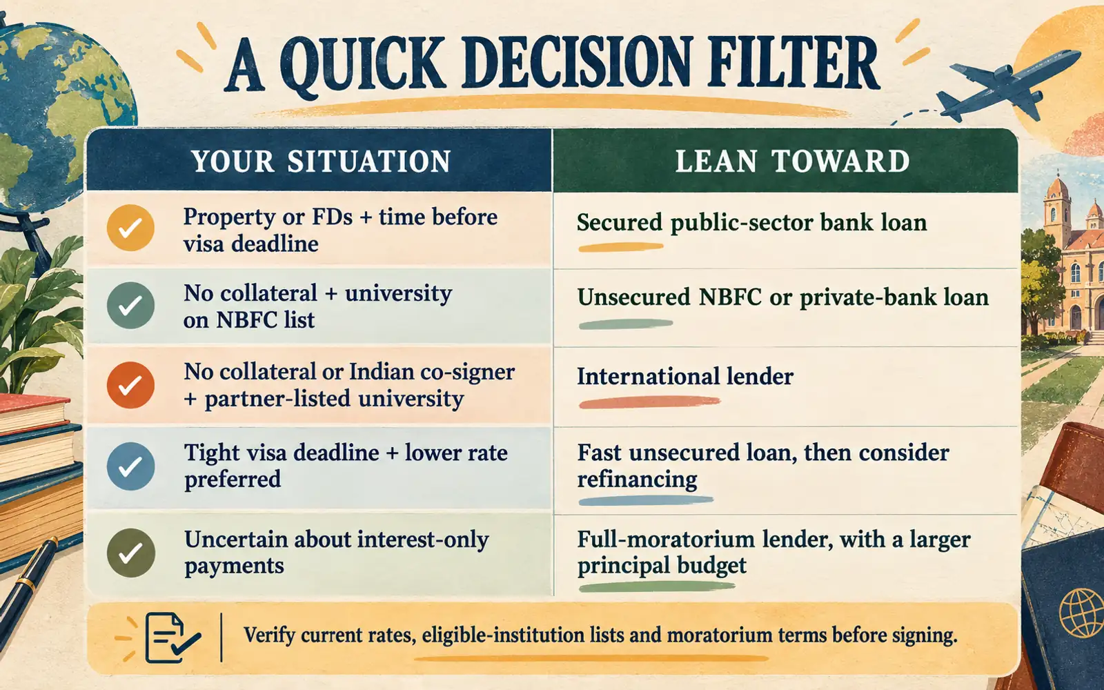 Decision-filter table matching study-abroad loan situations such as available collateral, visa deadline and co-signer to the loan structure to investigate first.