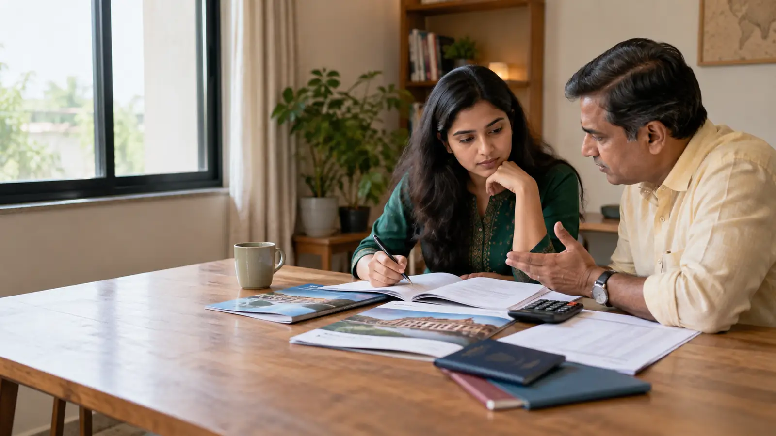 Indian student and parent comparing study-abroad loan costs at a counselling-room table with a passport, brochures, calculator and papers.